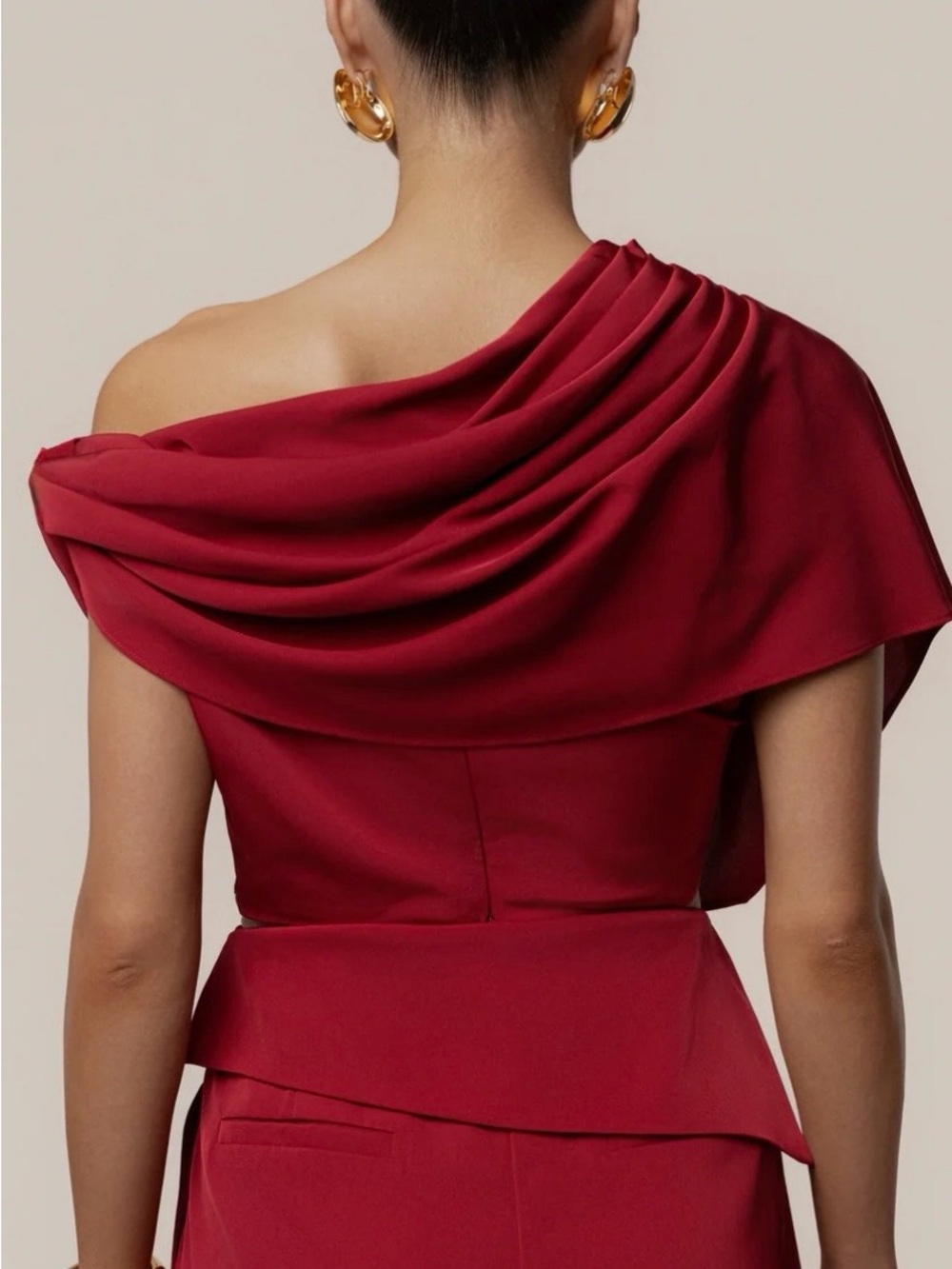 JLUXLABEL One-Shoulder Draped Crop Top in Deep Red - Picture 3 of 6
